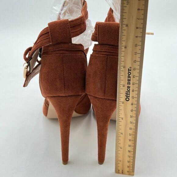 XYD Brown Suede Peep Toe Ankle Boot High Heels Buckled Double Straps Cutout Shoe - Picture 5 of 8